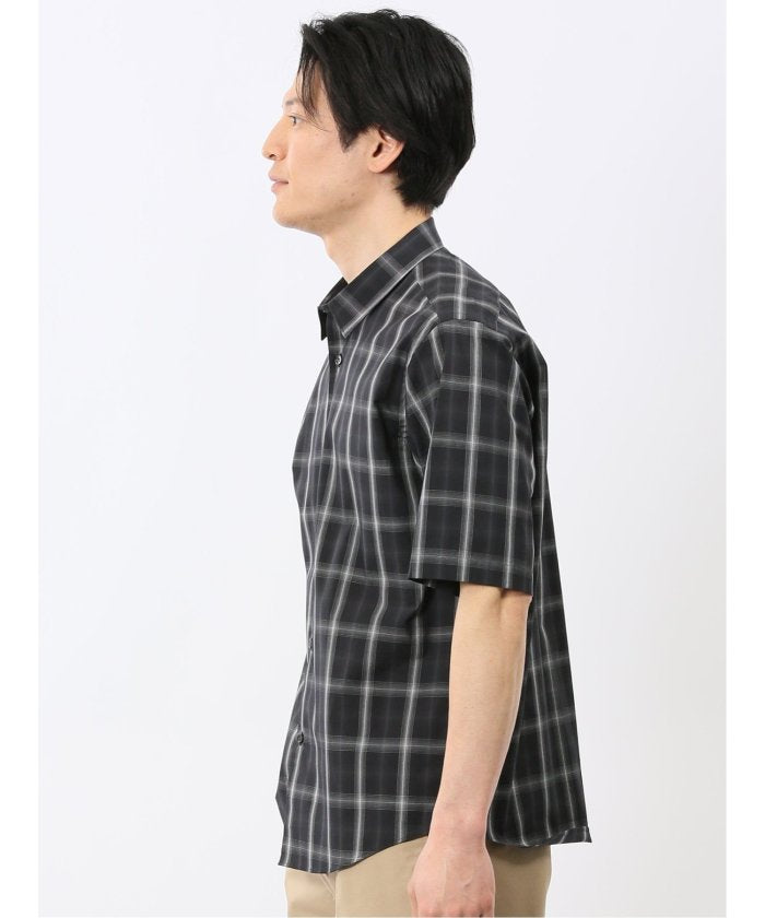 タカキュー TAKA-Q ストレッチ 綿 ブロード チェック レギュラーカラー 半袖 シャツ （黒） 黒