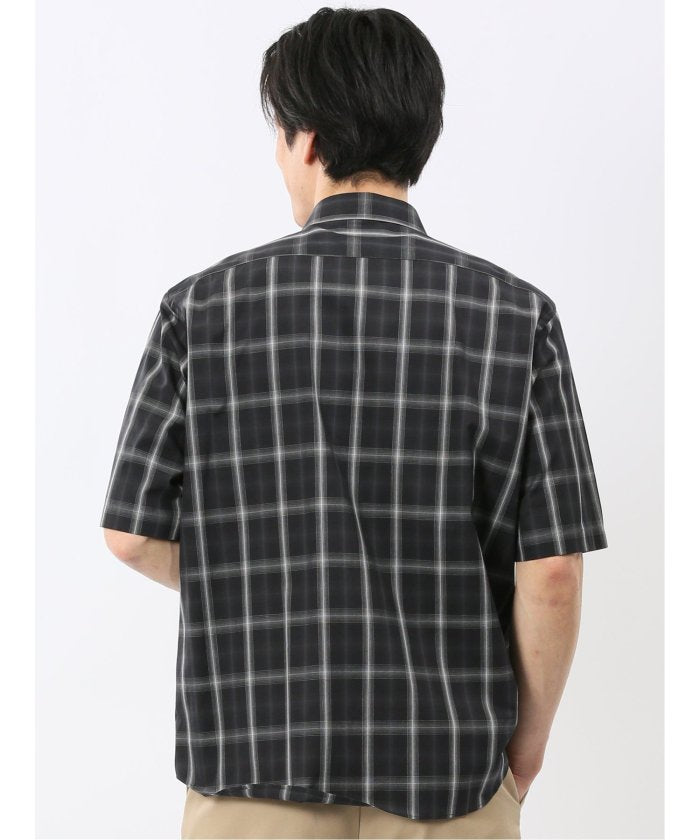 タカキュー TAKA-Q ストレッチ 綿 ブロード チェック レギュラーカラー 半袖 シャツ （黒） 黒