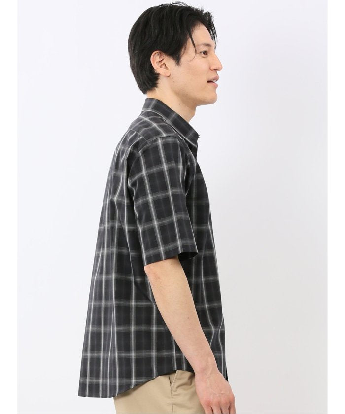 タカキュー TAKA-Q ストレッチ 綿 ブロード チェック レギュラーカラー 半袖 シャツ （黒） 黒