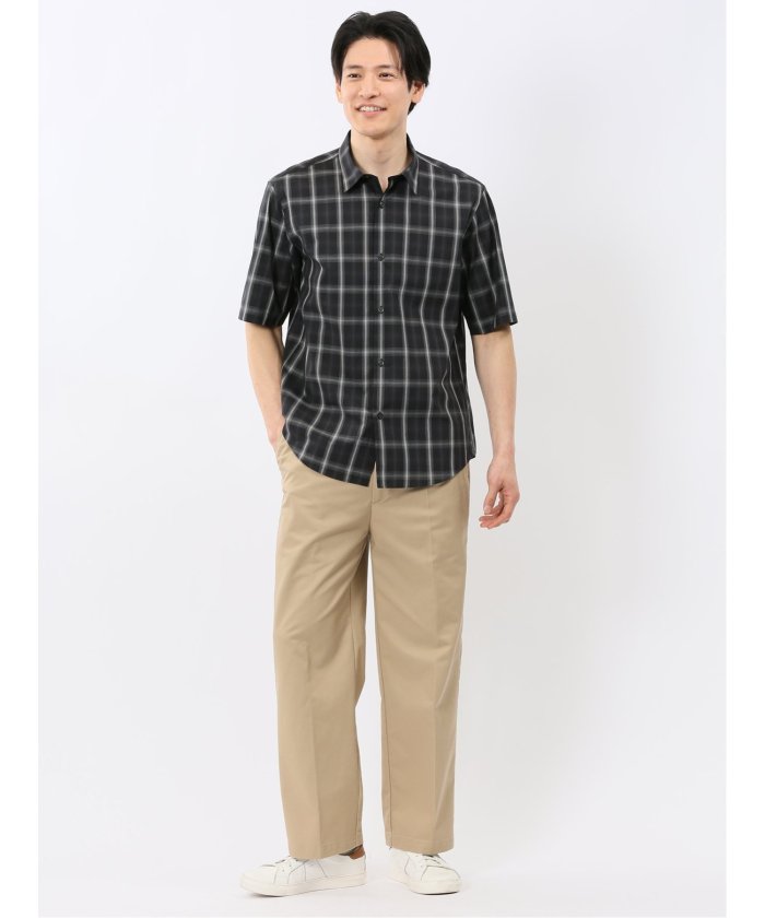 タカキュー TAKA-Q ストレッチ 綿 ブロード チェック レギュラーカラー 半袖 シャツ （黒） 黒