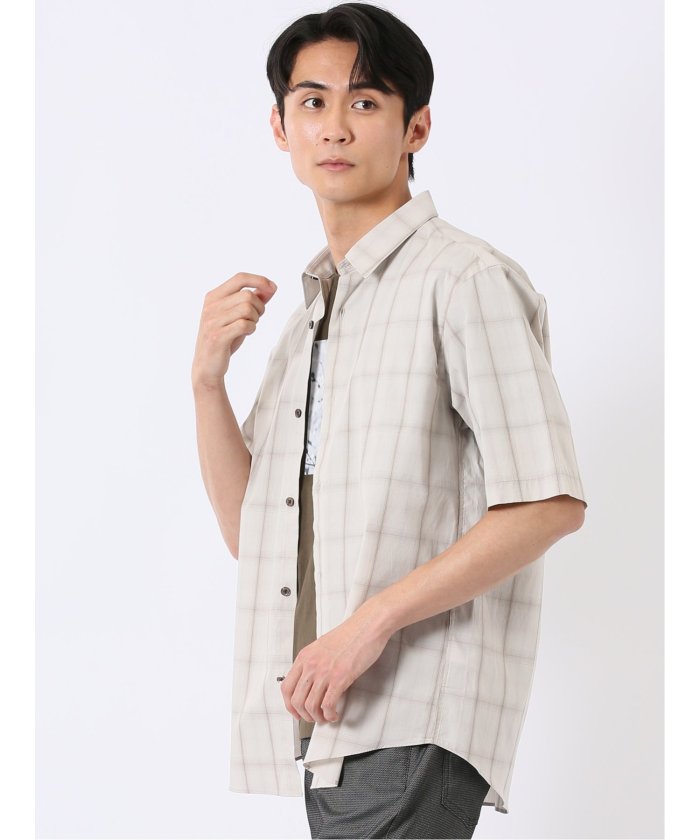 タカキュー TAKA-Q ストレッチ 綿 ブロード チェック レギュラーカラー 半袖 シャツ （黒） 黒