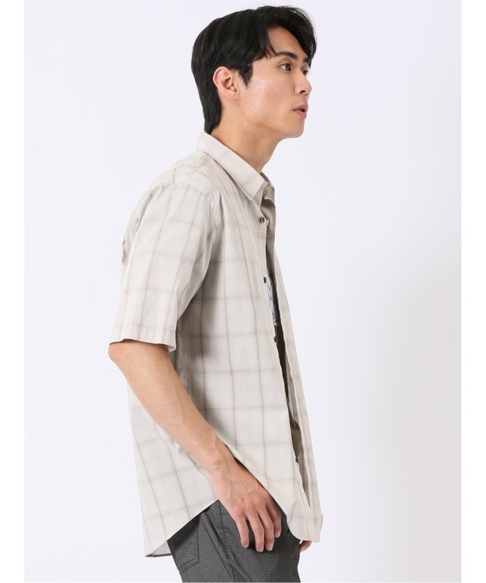 タカキュー TAKA-Q ストレッチ 綿 ブロード チェック レギュラーカラー 半袖 シャツ （黒） 黒