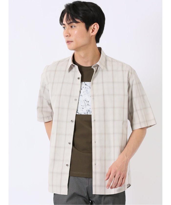 タカキュー TAKA-Q ストレッチ 綿 ブロード チェック レギュラーカラー 半袖 シャツ （黒） 黒