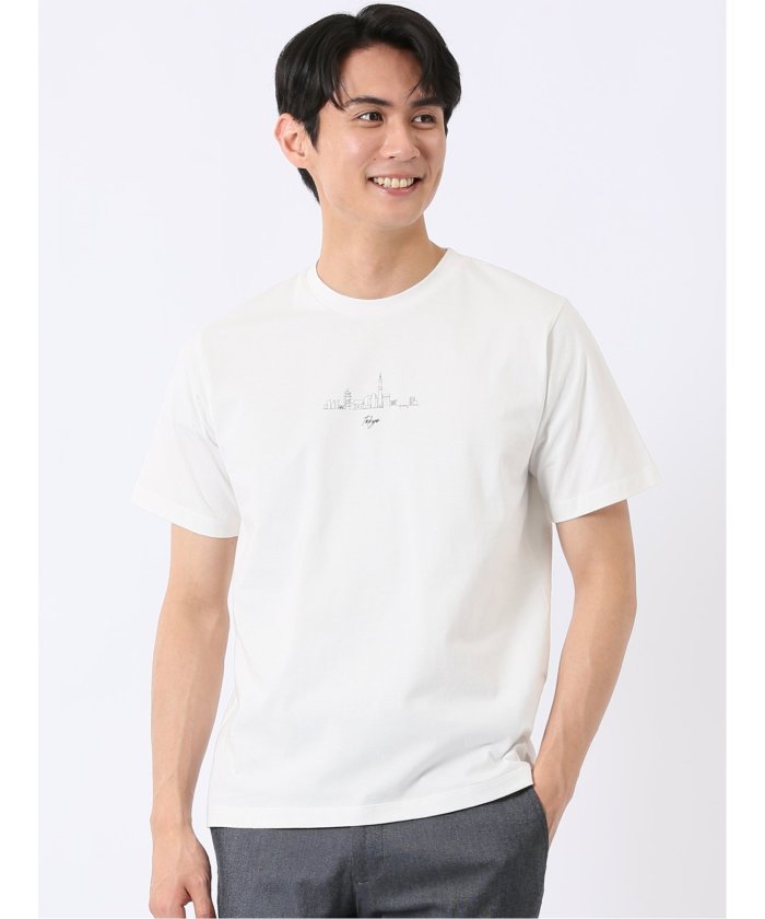 タカキュー TAKA-Q 綿天竺 グラフィック プリント クルーネック 半袖 Tシャツ （アイボリー） アイボリー