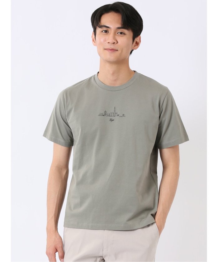 タカキュー TAKA-Q 綿天竺 グラフィック プリント クルーネック 半袖 Tシャツ （オリーブ） オリーブ
