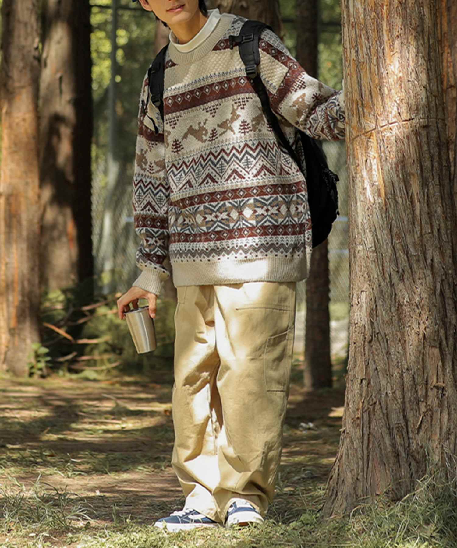 フック HOOK 【HOOK】古着風民族模様ニット風スウェット