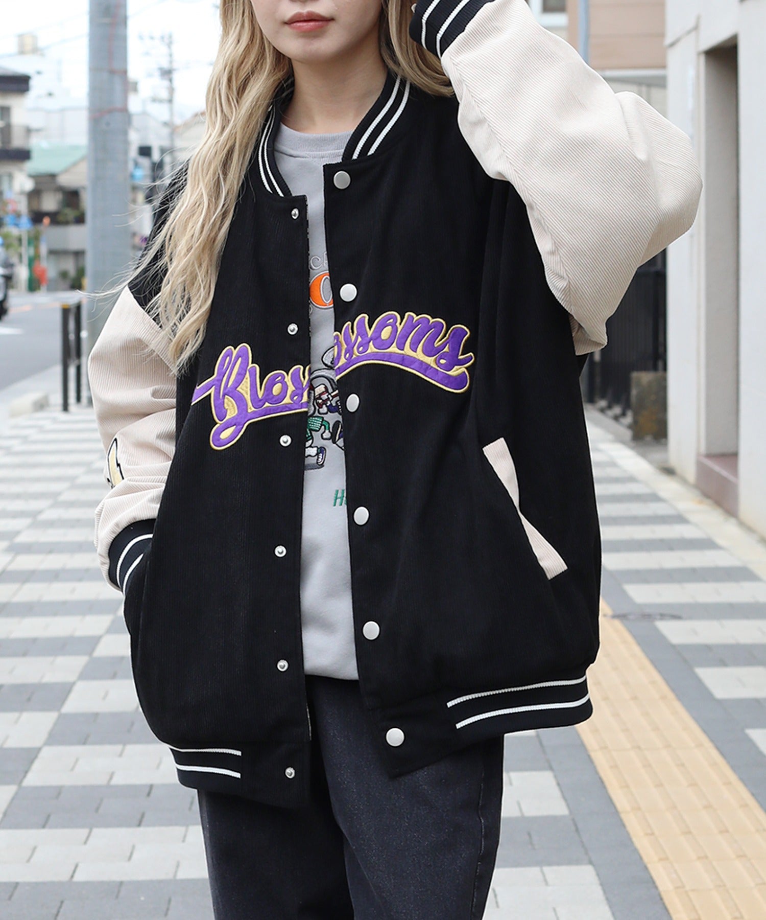 フック HOOK HOOK ーoriginalー ポッププリントリバーシブルコーデュロイチェックワッペン刺繍スタジャン （ブルー） ブルー