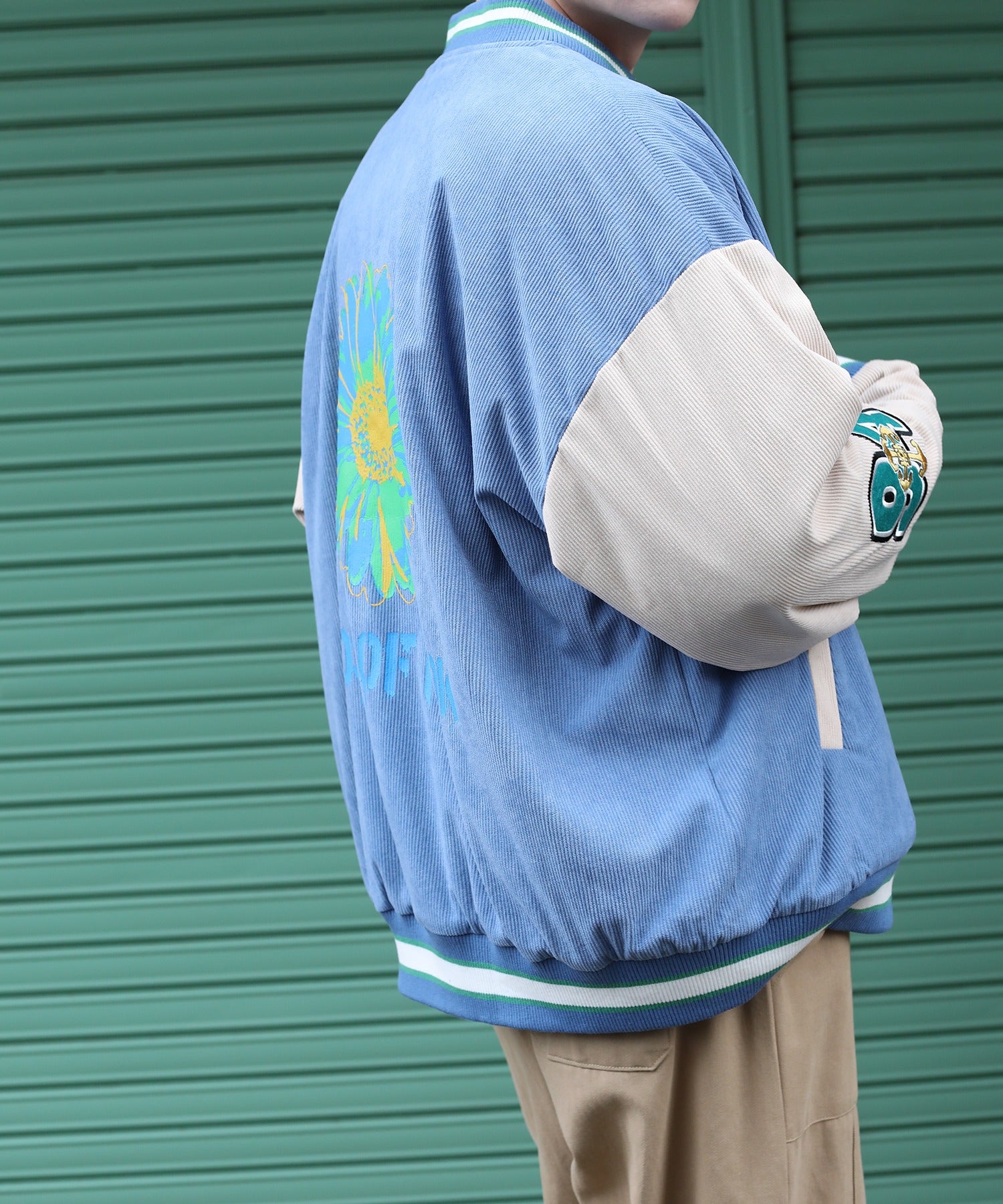 フック HOOK HOOK ーoriginalー ポッププリントリバーシブルコーデュロイチェックワッペン刺繍スタジャン （ブルー） ブルー