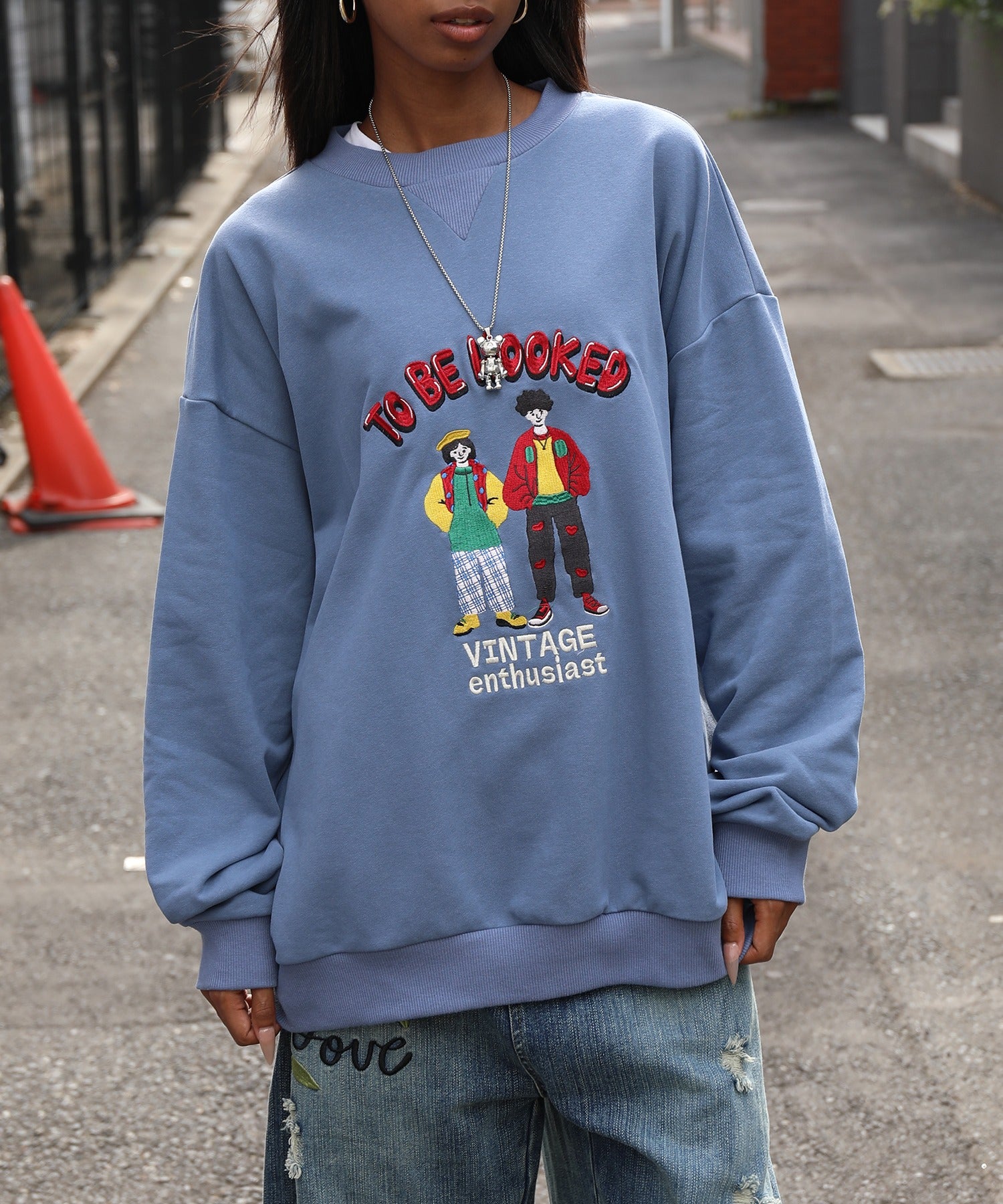 フック HOOK HOOK -original- カップルイラスト総刺繍スウェット （ブルー） ブルー
