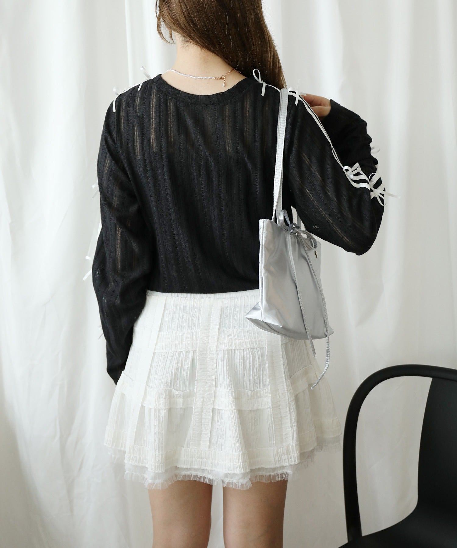 HOOK 【HOOK】for girls Sleeve Ribbon Line Sheer Cut and Sew Top