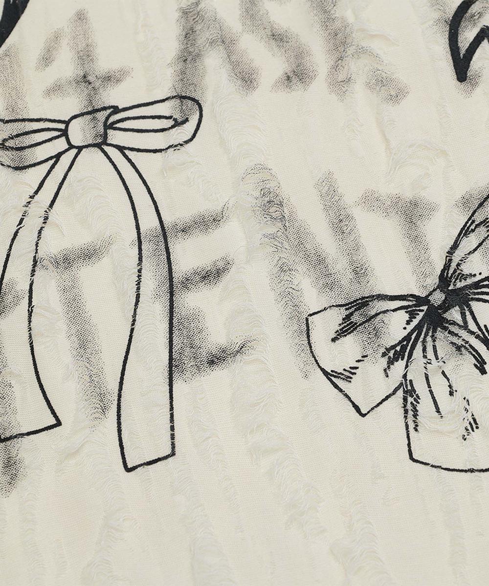 フック HOOK 【HOOK】for girls リボンプリントオープンショルダーダメージトップス （ベージュ） ベージュ