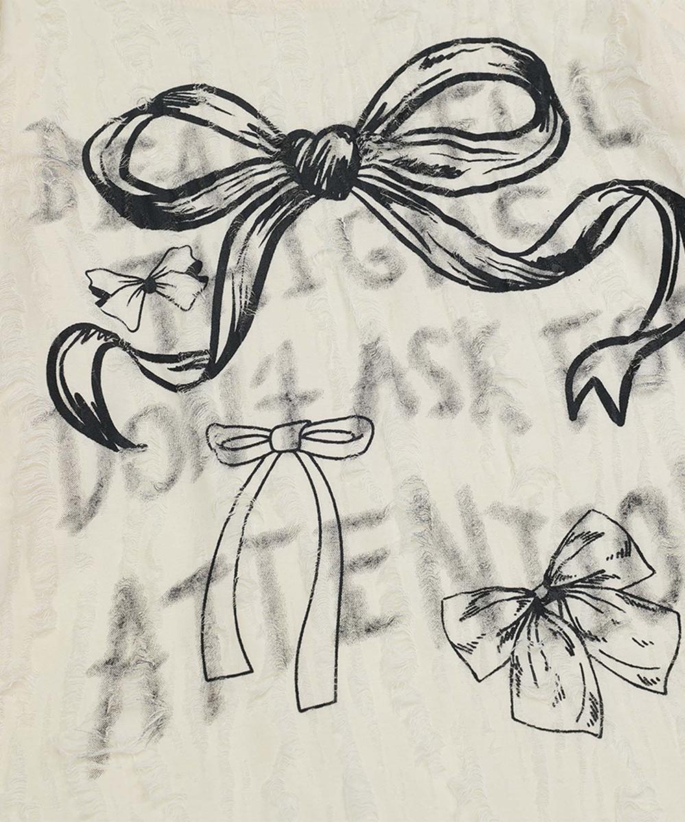 フック HOOK 【HOOK】for girls リボンプリントオープンショルダーダメージトップス （ベージュ） ベージュ