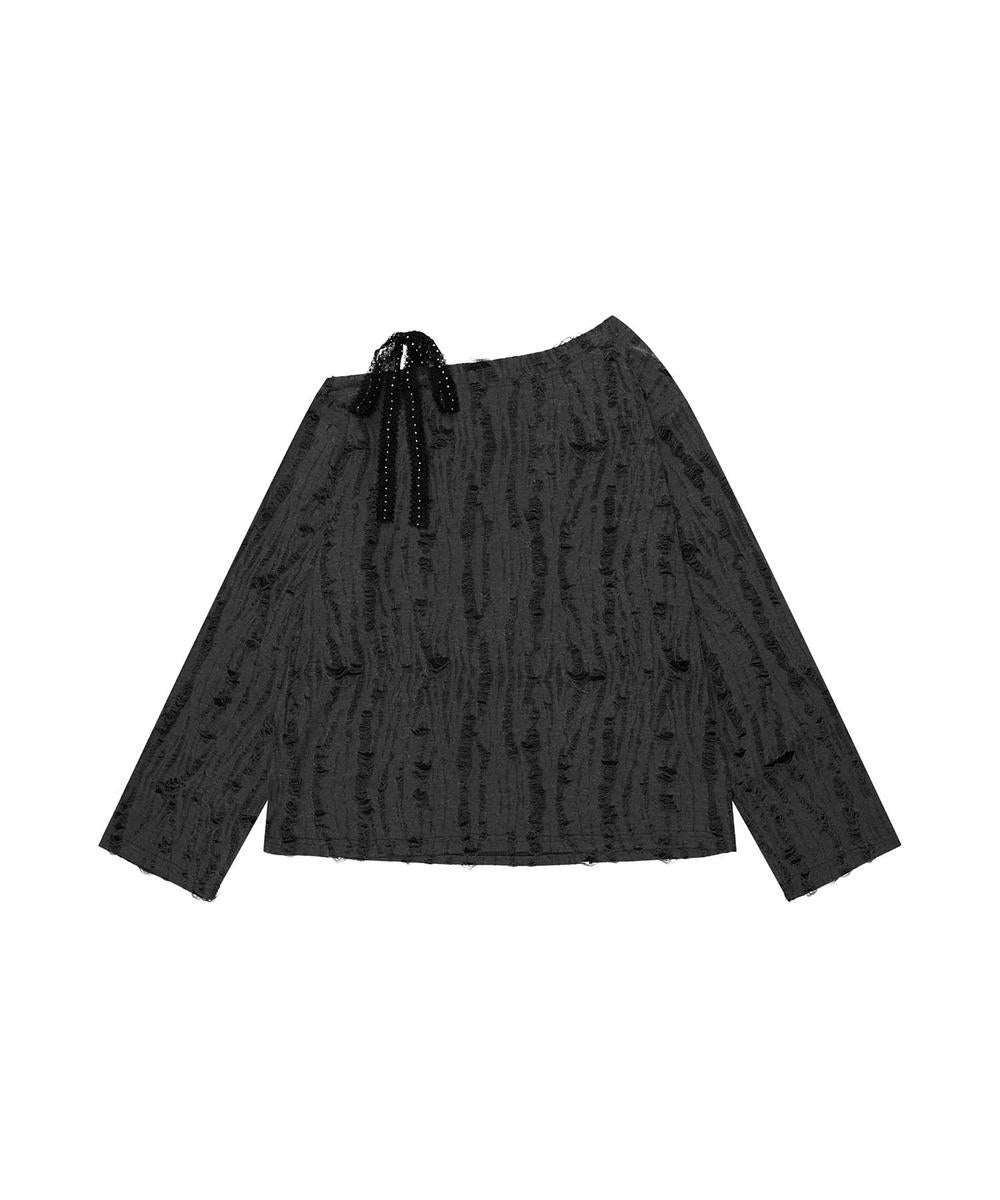 フック HOOK 【HOOK】for girls リボンプリントオープンショルダーダメージトップス （ダークグレー） ダークグレー