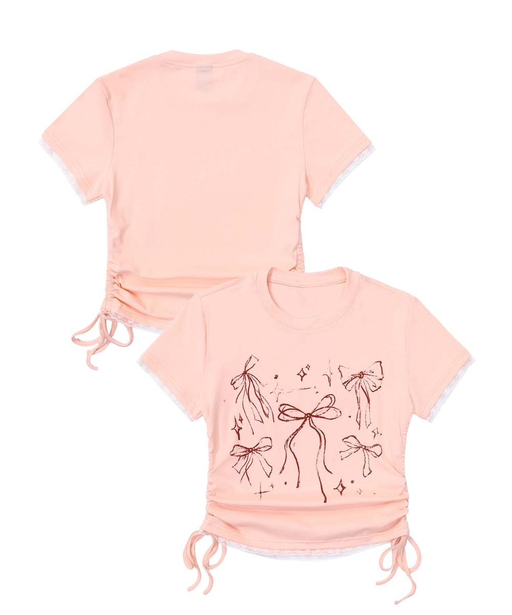 フック HOOK 【HOOK】for girls 裾シャーリングリボンプリント半袖TEE （ピンク） ピンク