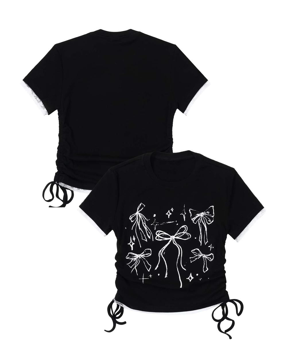 フック HOOK 【HOOK】for girls 裾シャーリングリボンプリント半袖TEE （ブラック） ブラック