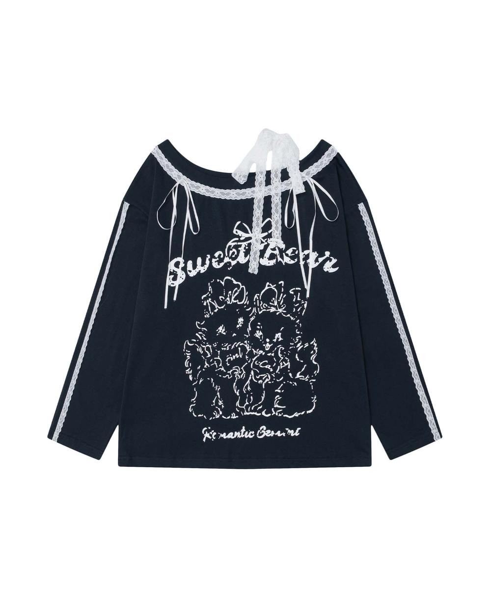 フック HOOK 【HOOK】for girls わんちゃんプリントレース使用カットソー （ネイビー） ネイビー