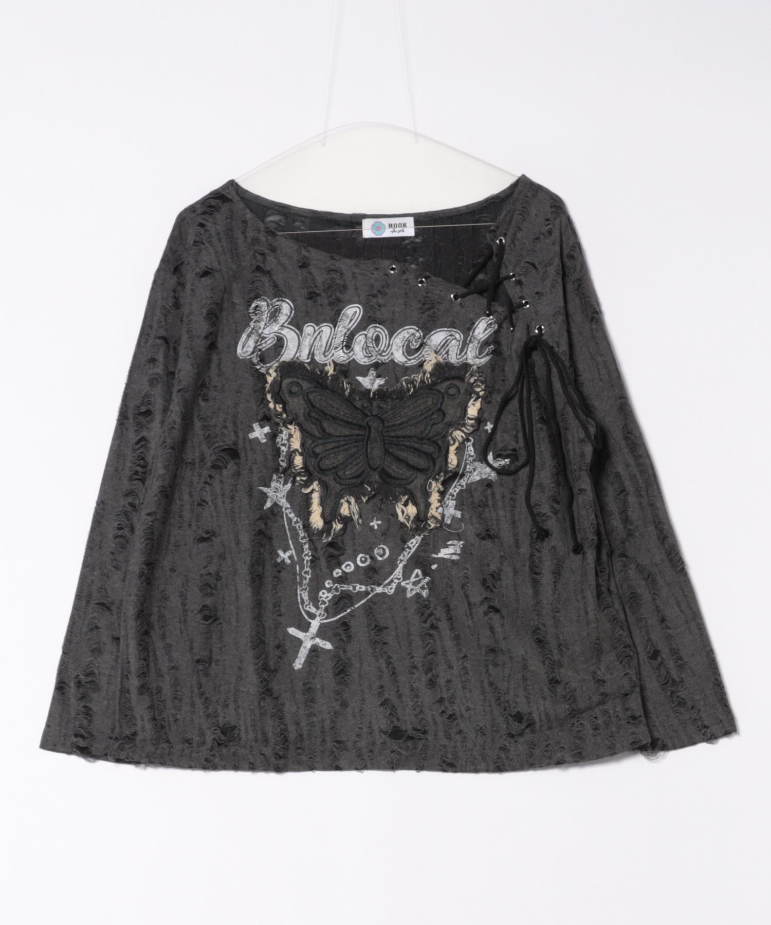 フック HOOK HOOK/バタフライレースルーズロンT （ダークグレー） ダークグレー