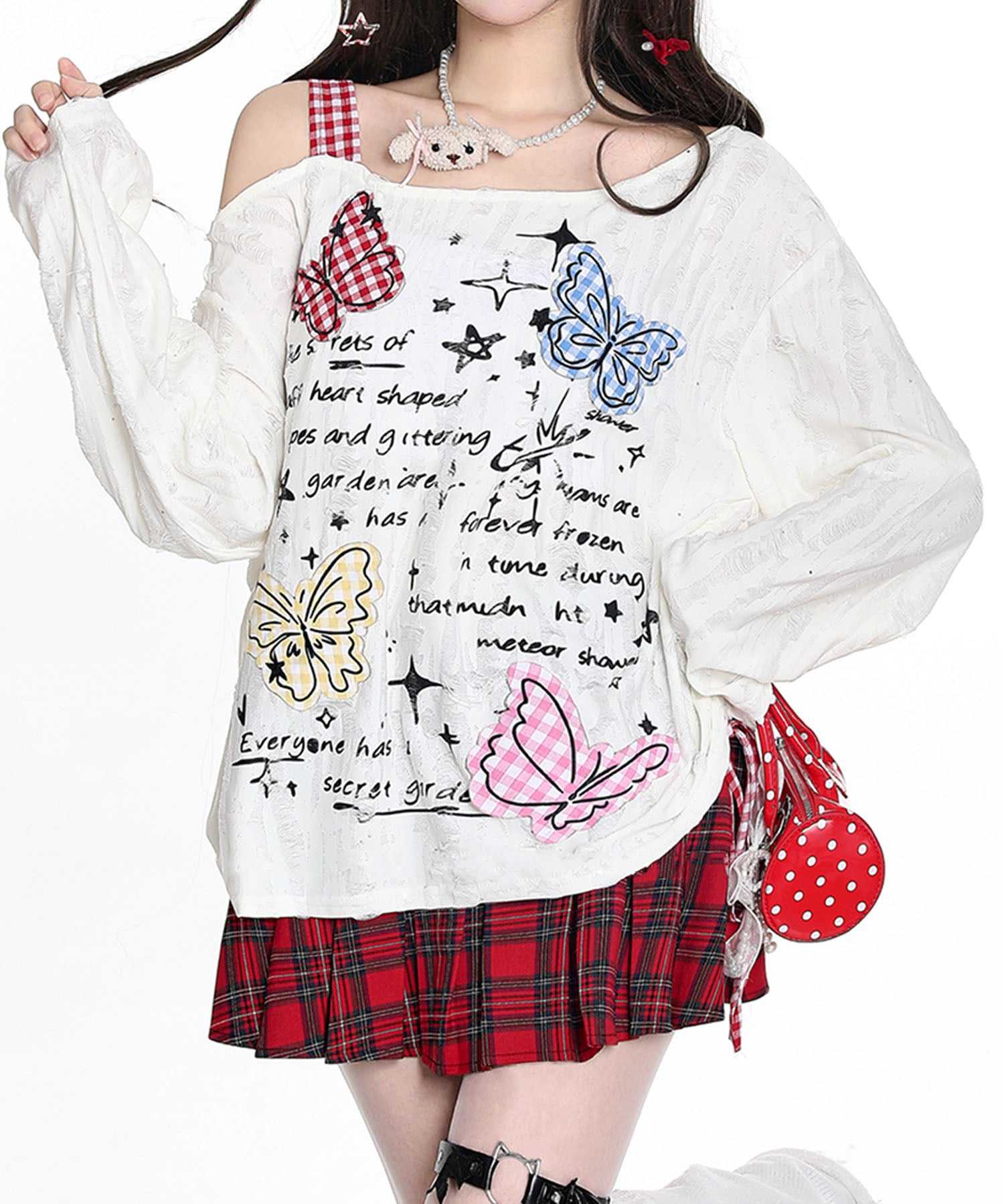 フック HOOK HOOK for girls Y2K バタフライ × レースアップ ロングスリーブ トップス （ライトベージュ） ライトベージュ
