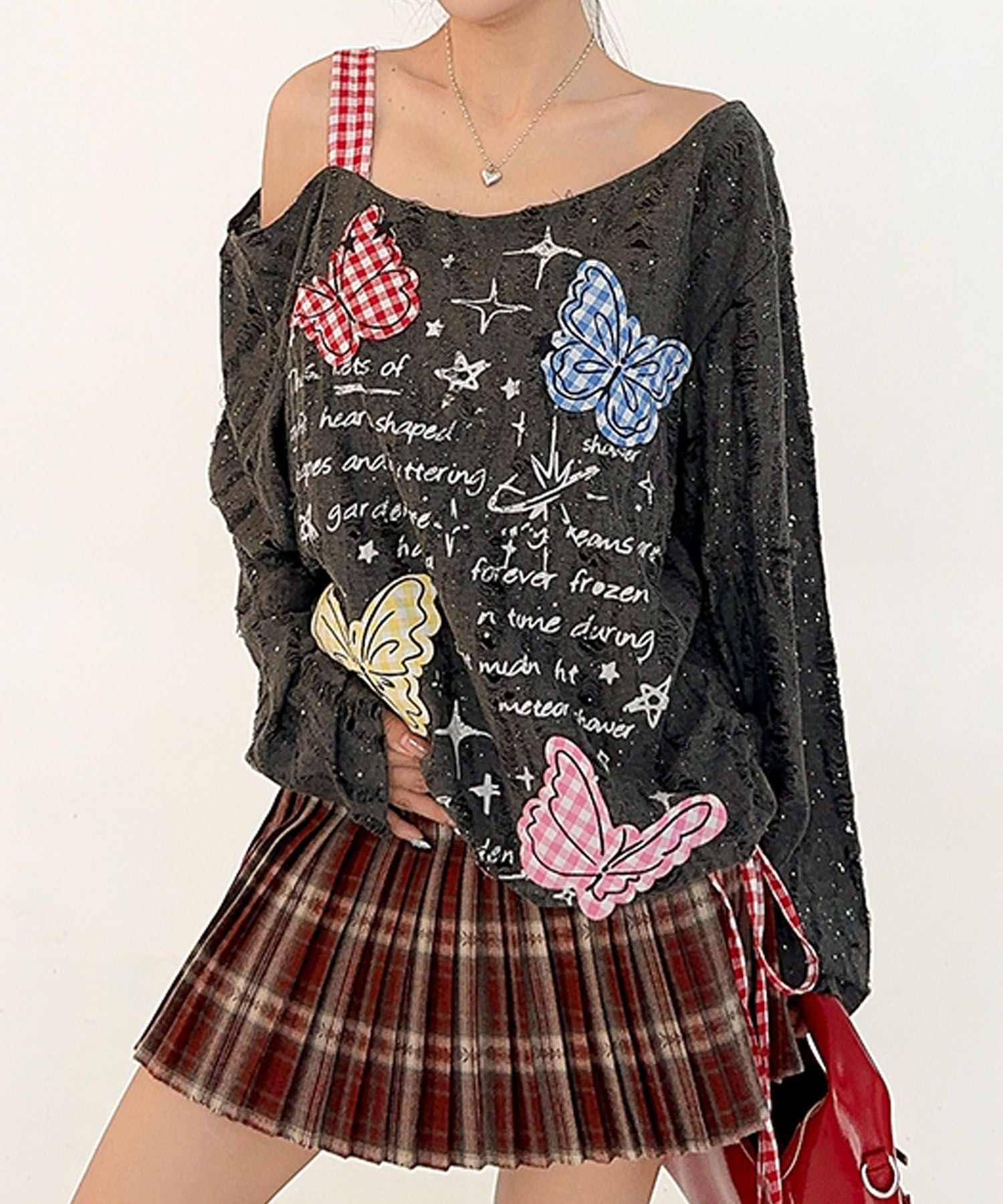 フック HOOK HOOK for girls Y2K バタフライ × レースアップ ロングスリーブ トップス （ダークグレー） ダークグレー