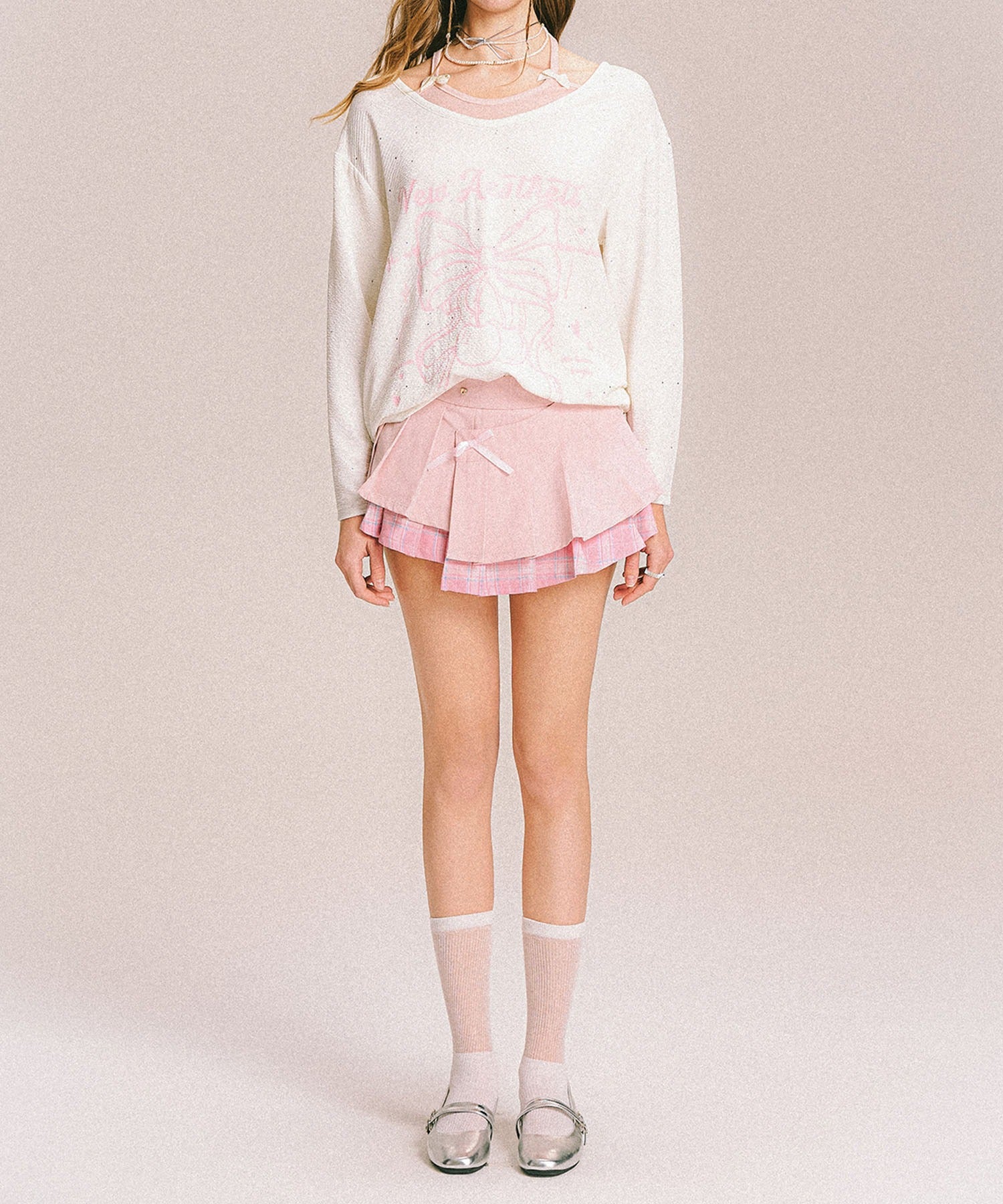 フック HOOK 【HOOK】for girls リボンプリントルーズトップス （ホワイト） ホワイト