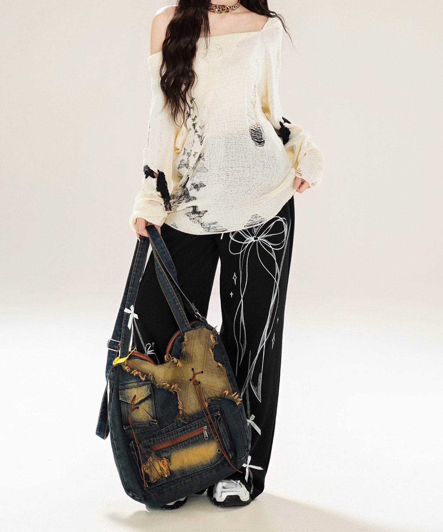 フック HOOK 【HOOK】for girls ダメージデザインスプラッシュプリントニットトップス （ベージュ） ベージュ