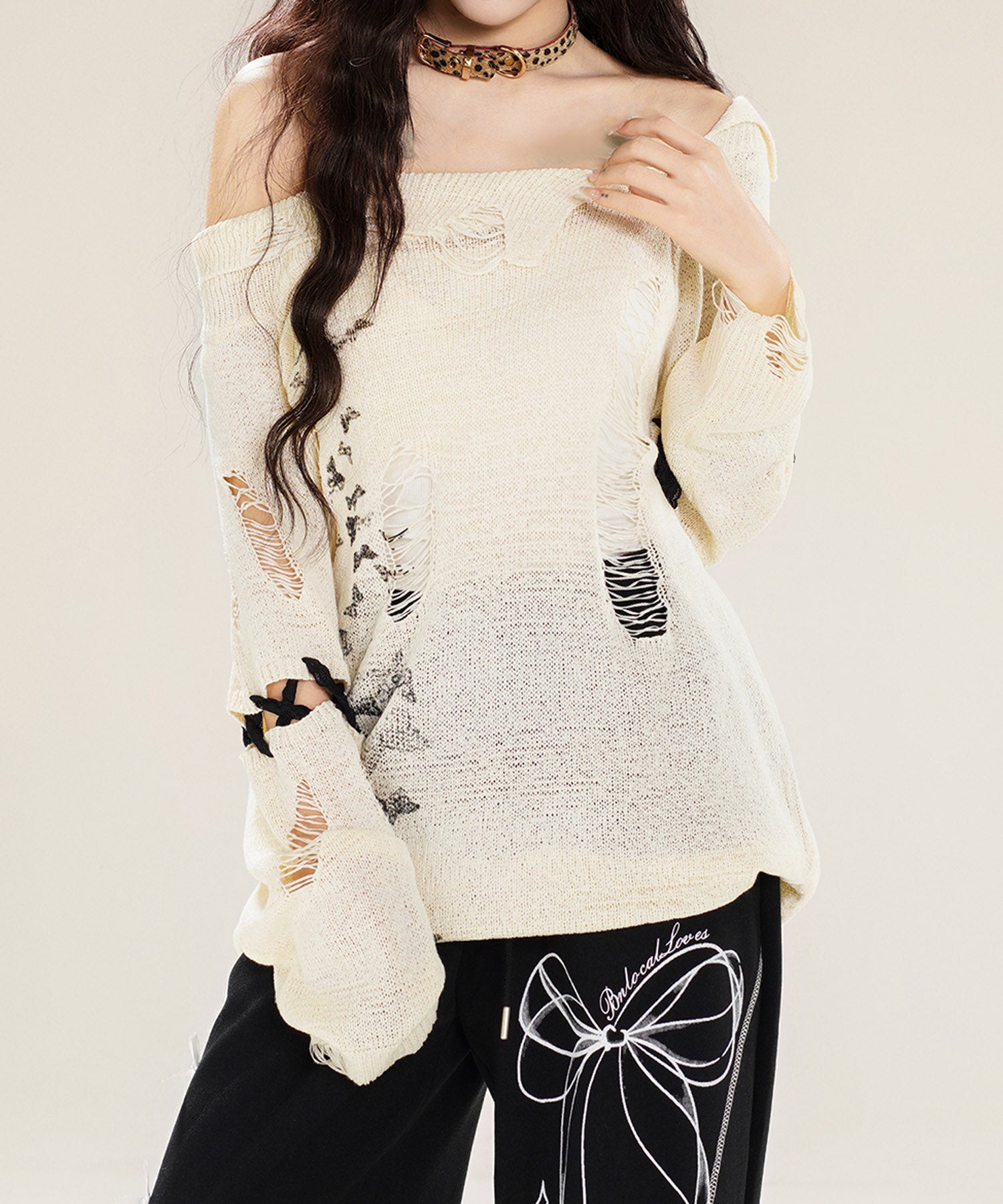 フック HOOK 【HOOK】for girls ダメージデザインスプラッシュプリントニットトップス （ベージュ） ベージュ