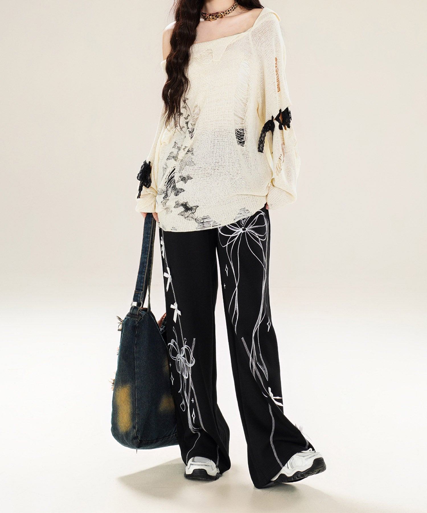 フック HOOK 【HOOK】for girls ダメージデザインスプラッシュプリントニットトップス （ベージュ） ベージュ