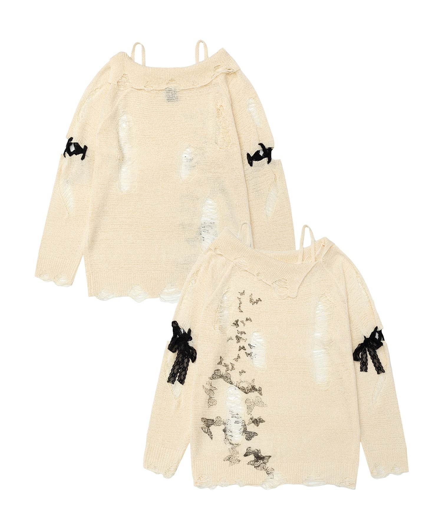 フック HOOK 【HOOK】for girls ダメージデザインスプラッシュプリントニットトップス （ベージュ） ベージュ