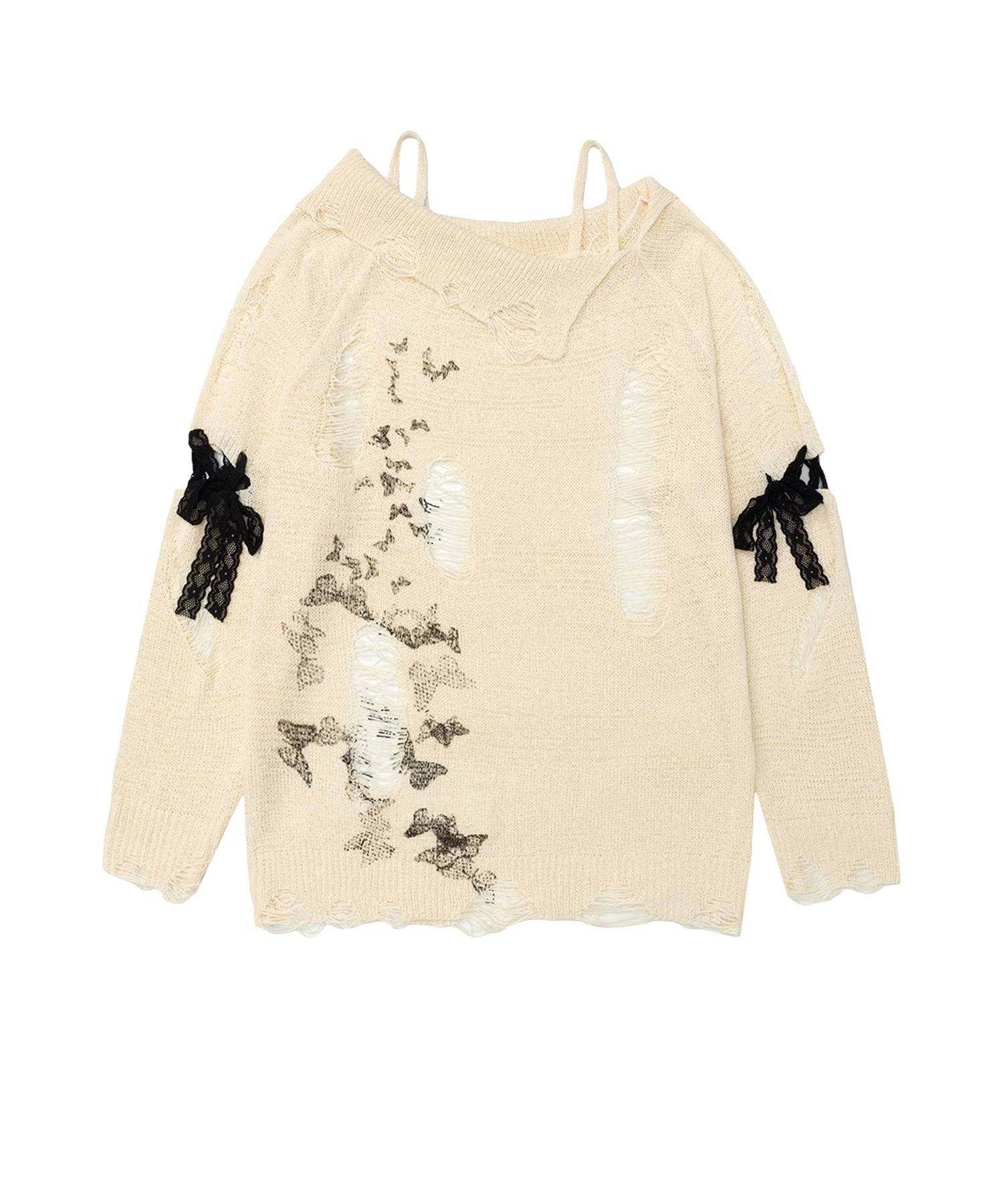 フック HOOK 【HOOK】for girls ダメージデザインスプラッシュプリントニットトップス （ベージュ） ベージュ