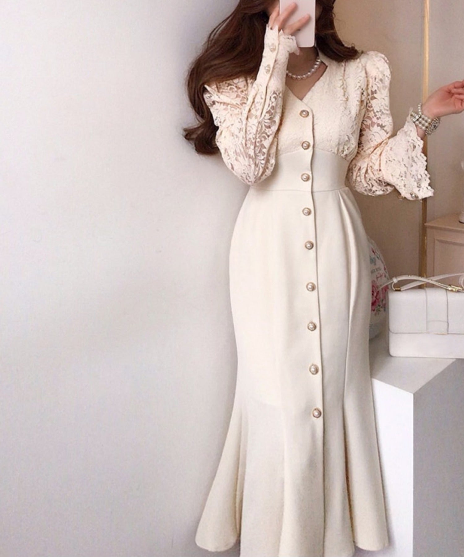 ジャスミングランディフローラム Jasmine Grandiflorum 【Jasmine】レースマーメイドロングワンピース,ベージュ