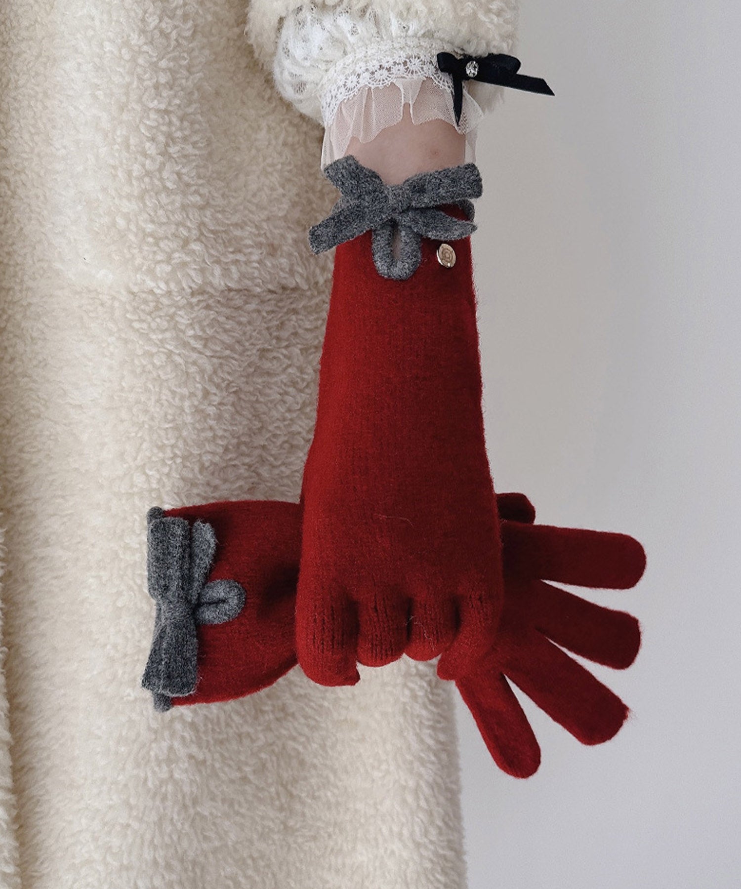 ジャスミングランディフローラム Jasmine Grandiflorum Jasmine/バイカラーリボンニット手袋 （ワインレッド） ワインレッド