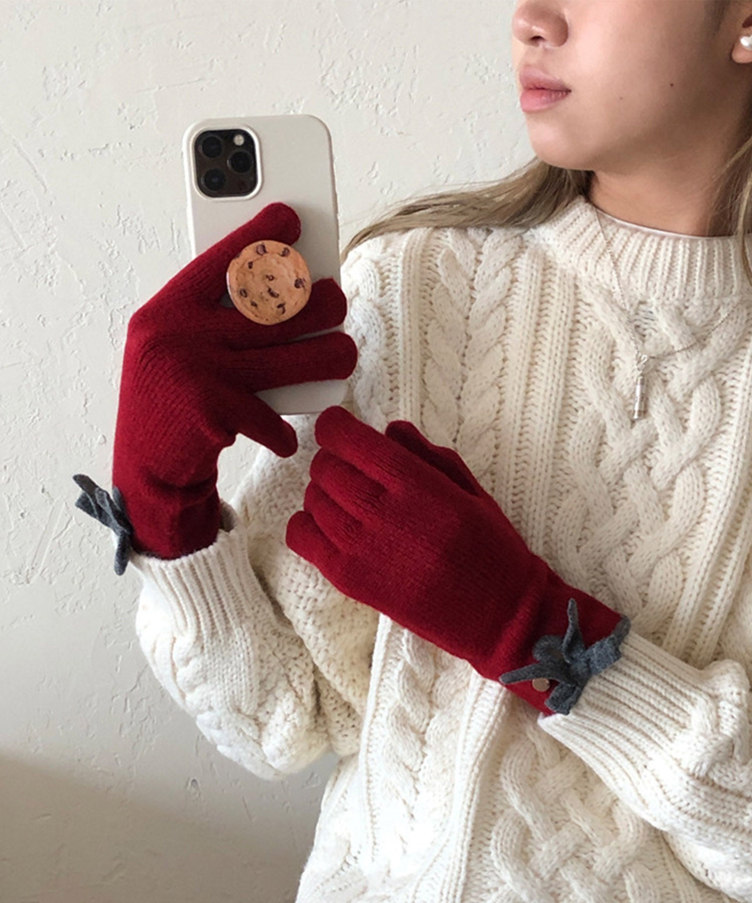 ジャスミングランディフローラム Jasmine Grandiflorum Jasmine/バイカラーリボンニット手袋 （ワインレッド） ワインレッド