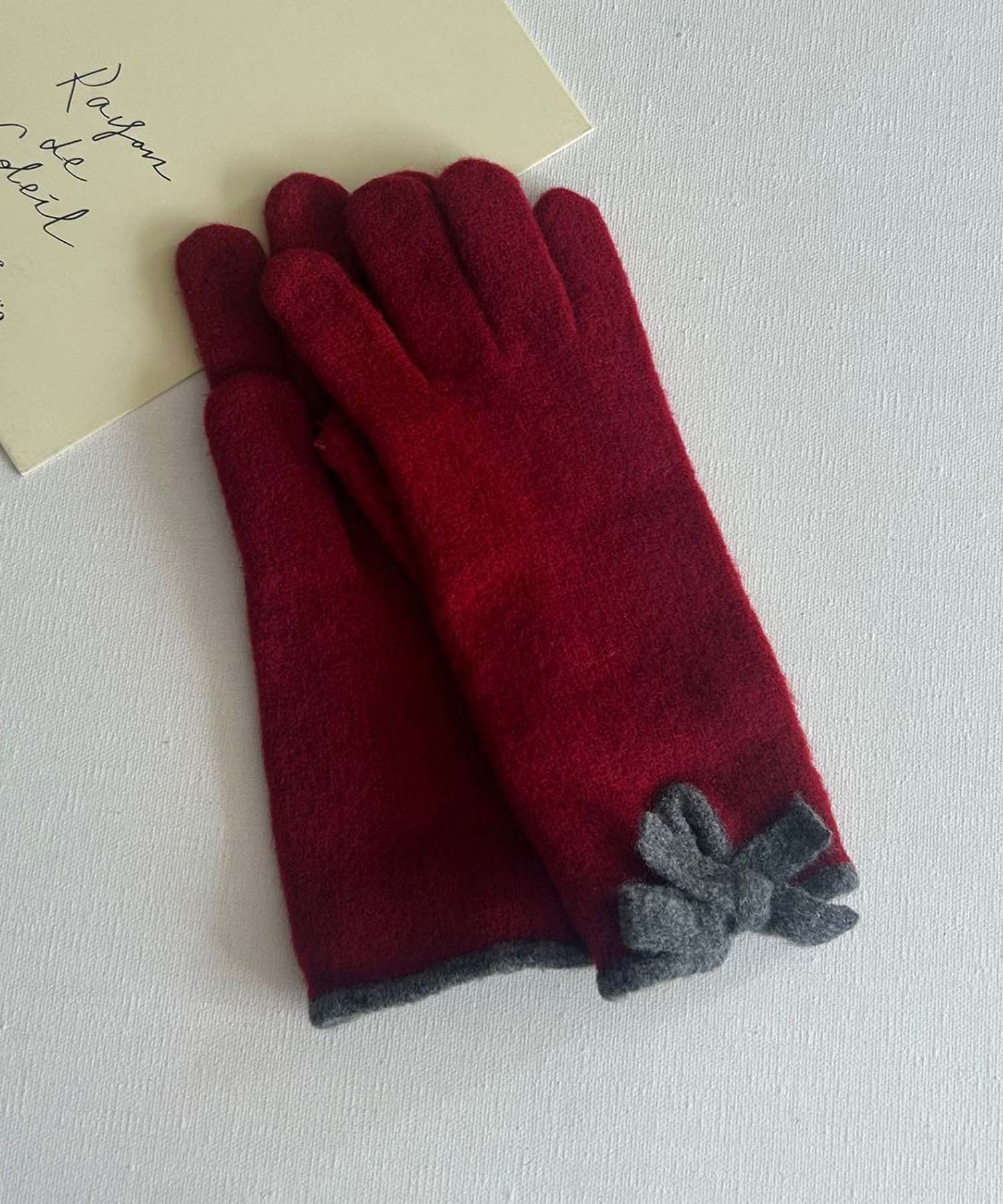 ジャスミングランディフローラム Jasmine Grandiflorum Jasmine/バイカラーリボンニット手袋 （ワインレッド） ワインレッド