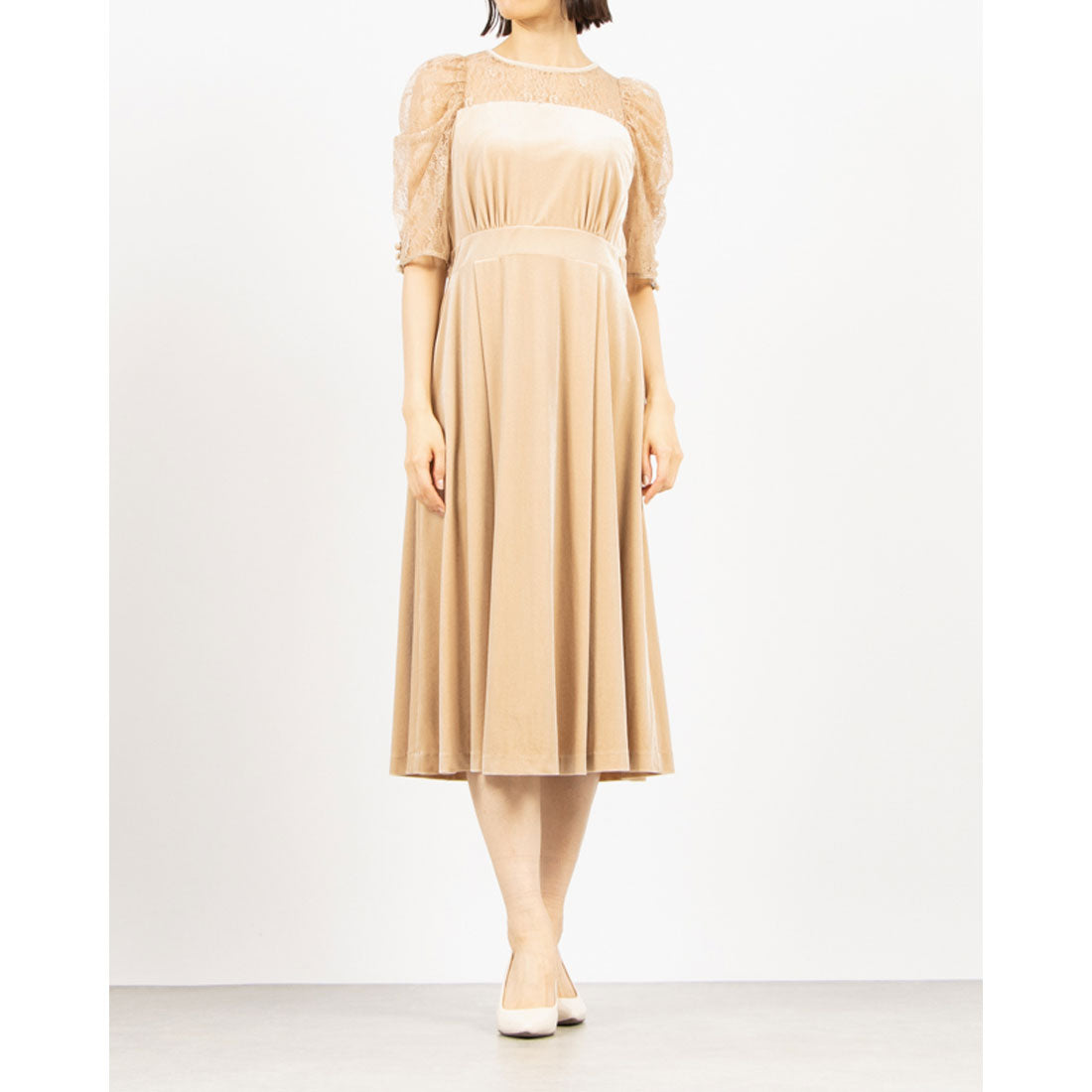 トーナル TONAL ベロアxレースフレアワンピース ベージュ