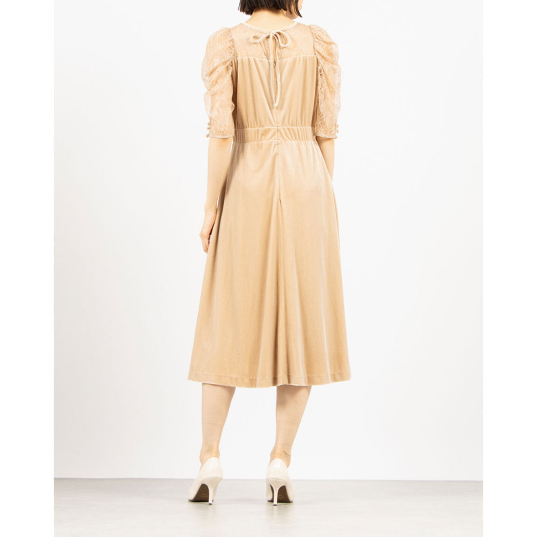 トーナル TONAL ベロアxレースフレアワンピース ベージュ