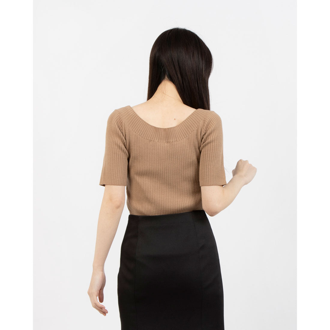 トーナル TONAL ウールソロリブラウンドネック半袖ニット ベージュ