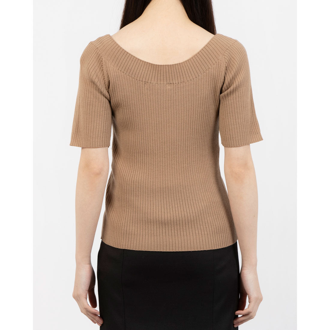 トーナル TONAL ウールソロリブラウンドネック半袖ニット ベージュ