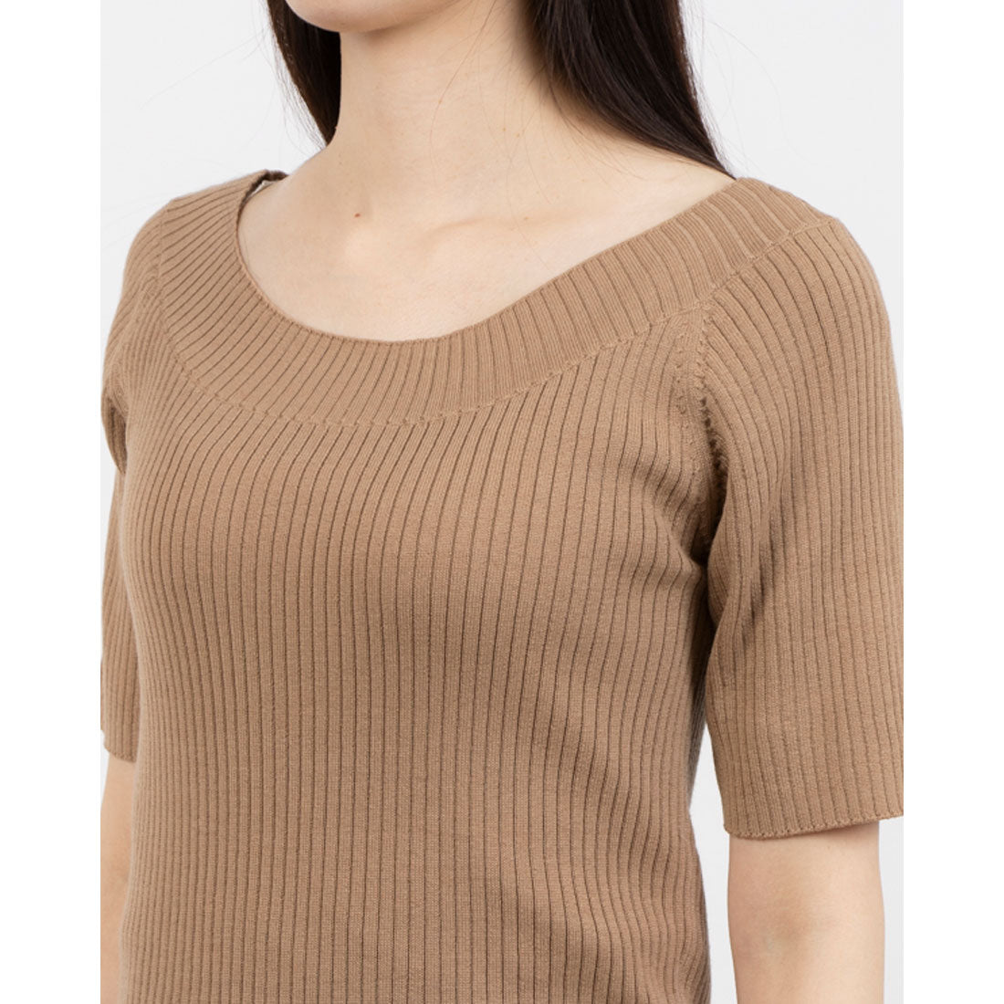 トーナル TONAL ウールソロリブラウンドネック半袖ニット ベージュ