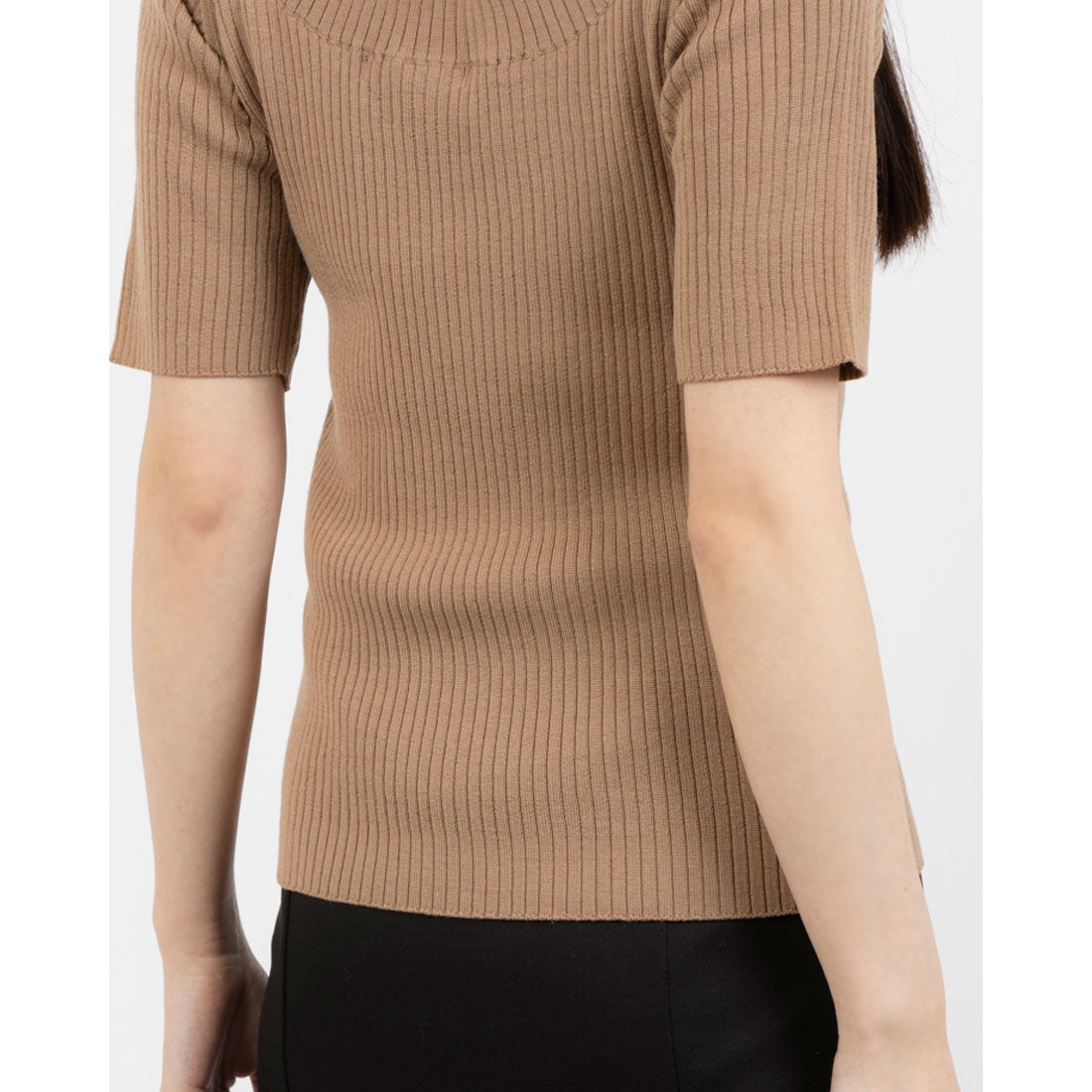 トーナル TONAL ウールソロリブラウンドネック半袖ニット ベージュ