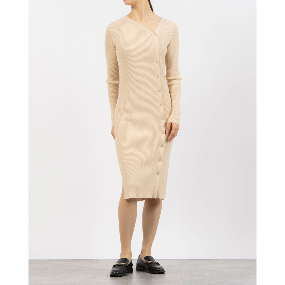 トーナル TONAL リブニットアシメネックワンピース ベージュ