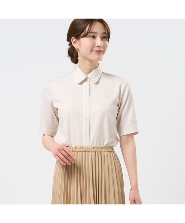 トーキョーシャツ TOKYO SHIRTS 【COFREX】  前立パイピングブラウス 五分袖 レディースデザインシャツ （ベージュ） ベージュ