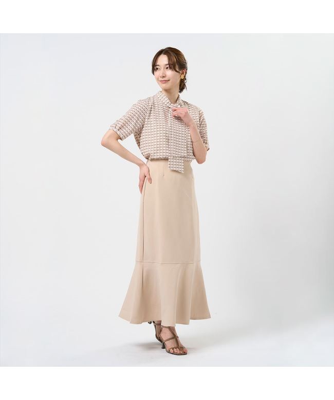 トーキョーシャツ TOKYO SHIRTS ボウタイ プリント ブラウス 五分袖 レディース （ベージュ） ベージュ