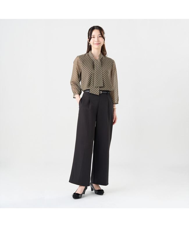 Tokyo Shirts Print Bow Tie Blouse Three-Quarter Sleeve Ladies