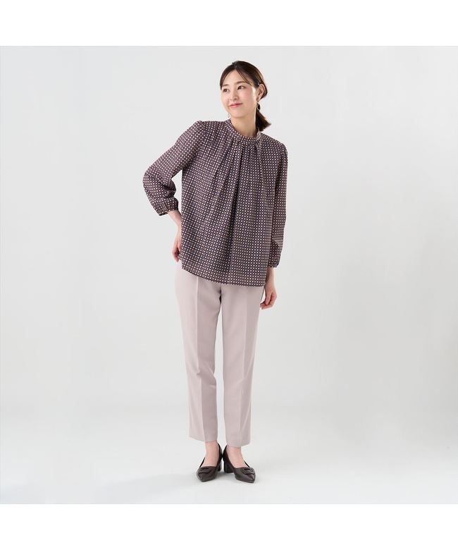 トーキョーシャツ TOKYO SHIRTS スタンドタック プリントブラウス 長袖 レディース （ブラウン） ブラウン