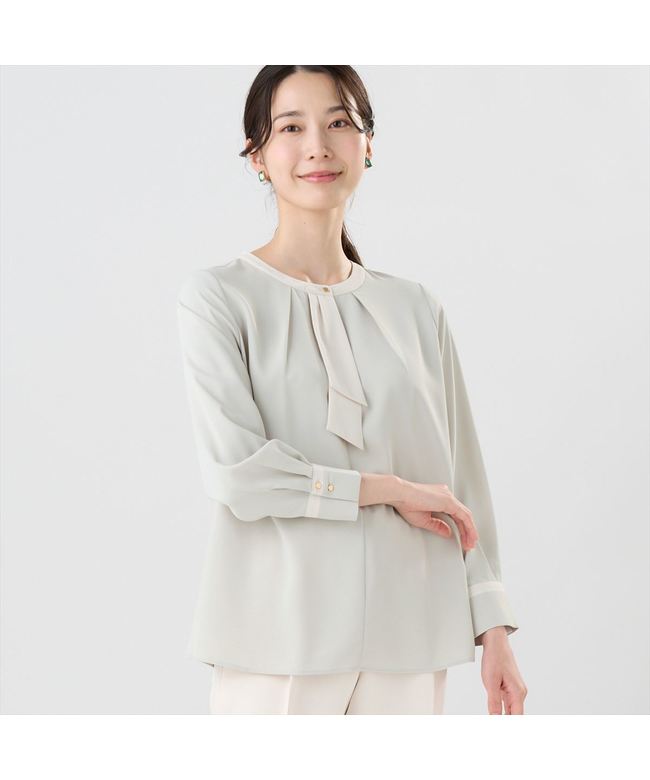 トーキョーシャツ TOKYO SHIRTS ストレッチ ジョーゼット 配色ボウタイブラウス 長袖 レディース （アッシュグリーン） アッシュグリーン