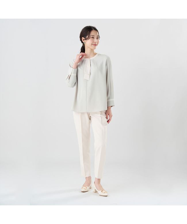 トーキョーシャツ TOKYO SHIRTS ストレッチ ジョーゼット 配色ボウタイブラウス 長袖 レディース （アッシュグリーン） アッシュグリーン