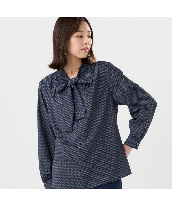 トーキョーシャツ TOKYO SHIRTS リボンボウタイ プリントブラウス 長袖 レディース （グレー） グレー