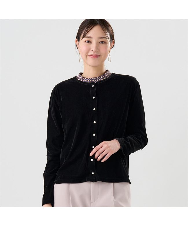 トーキョーシャツ TOKYO SHIRTS 【Pitta Re:)】 ニット ベロアドットボタン カーディガン 長袖 レディース （ブラック） ブラック