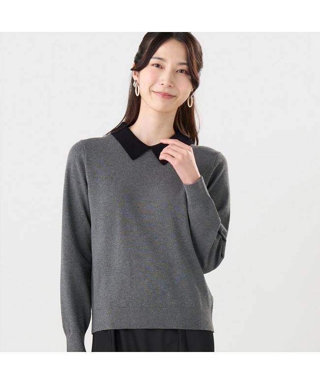トーキョーシャツ TOKYO SHIRTS ニット 配色襟付 プルオーバー 長袖 レディース （チャコール） チャコール
