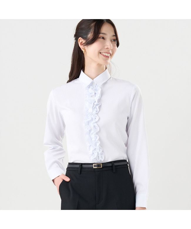 トーキョーシャツ TOKYO SHIRTS 【COFREX】 前立ミニフリルブラウス 長袖 レディースデザインシャツ （ブルー） ブルー